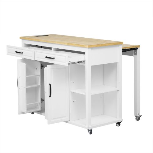 47 inch Kitchen Island with Extendable Dining Table, Rubber Wood Veneer Kitchen Table with Internal Storage Rack, Power Outlet
